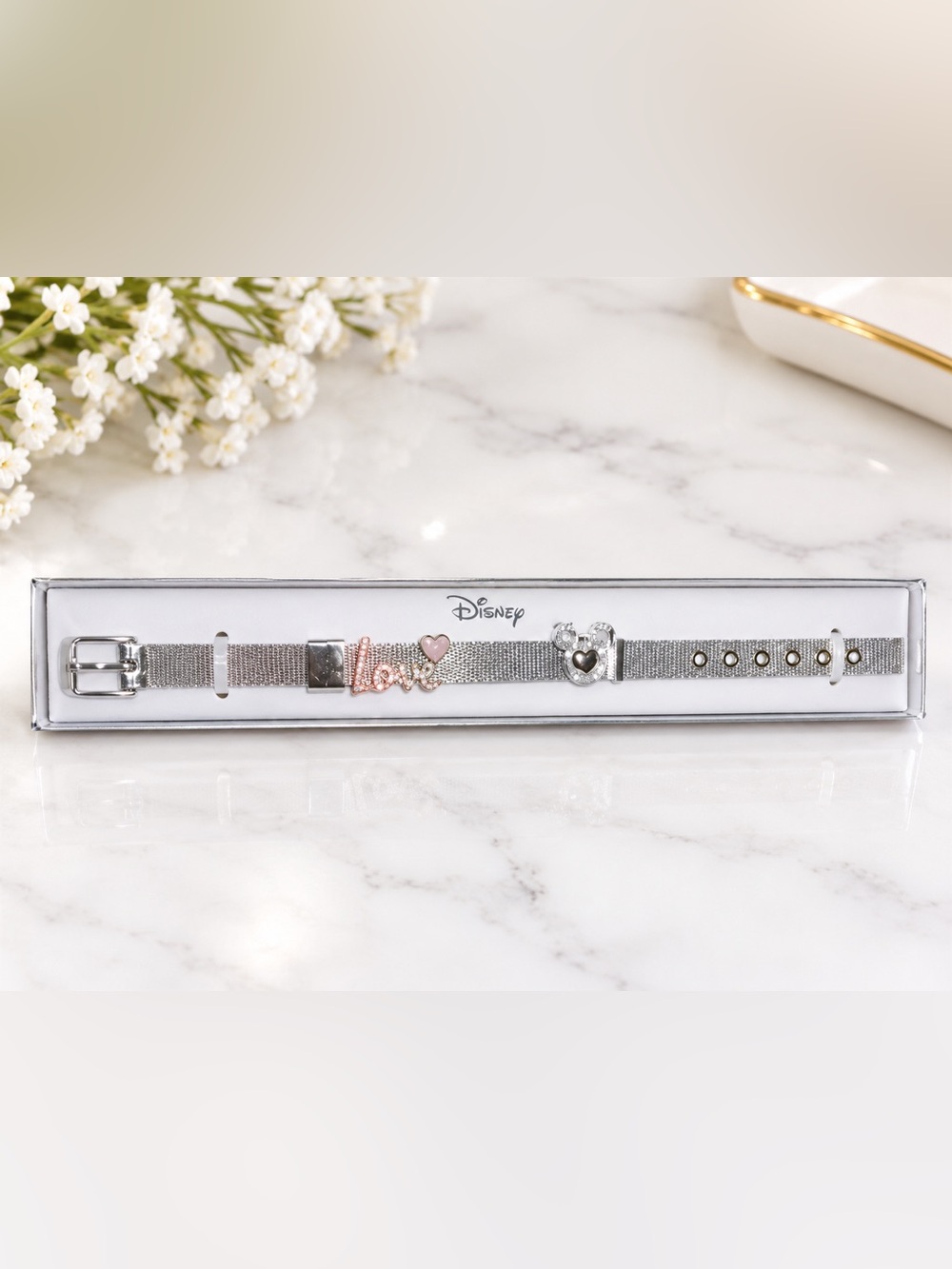 Disney Silver Mesh Bracelet with Rose-Pink Heart and 'Love' Charm